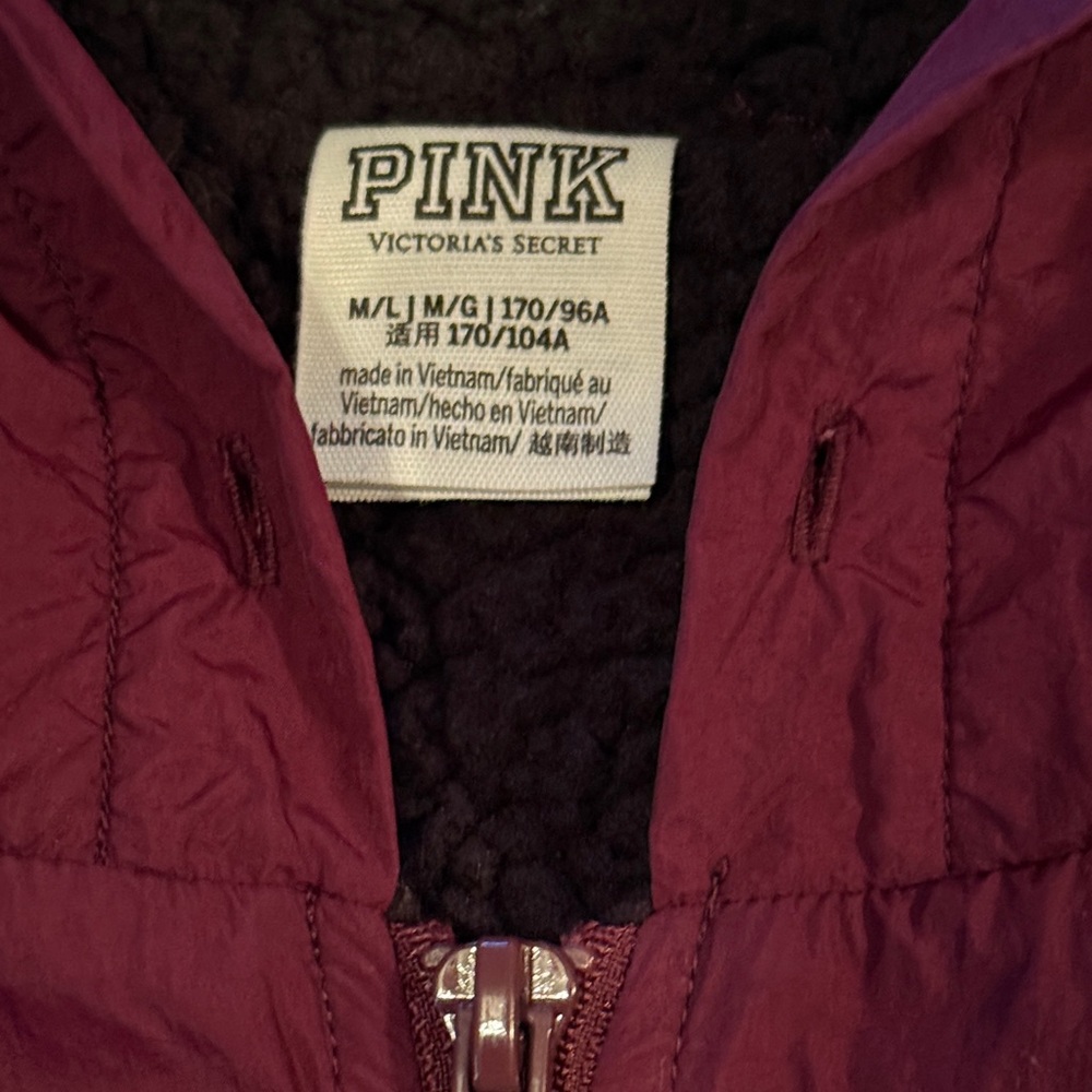 Victoria's Secret Hooded Raincoat in Maroon zip up hoodie. Ties are missing. - Picture 3 of 5